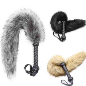 Leather Whip Handle Fox Tail Fur Fetish Ass Spanking Paddle Flogger BDSM Flirt Slave Erotic Sex Toys for Female Male Couples (Color: Black)